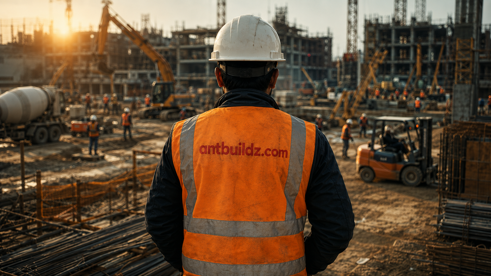 Antbuildz worker overlooking a construction site with cranes and industrial equipment
